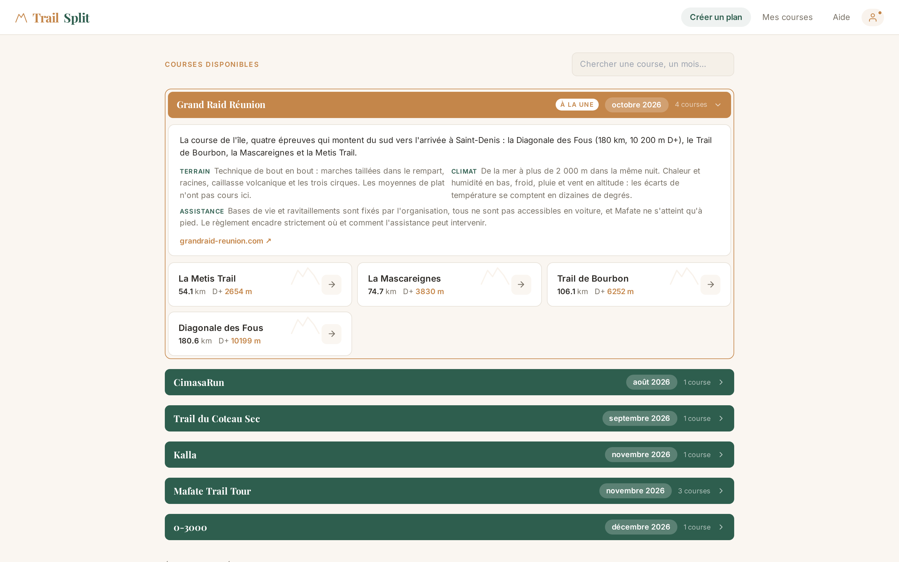 Page « Créer un plan » de TrailSplit : catalogue d'événements et import GPX