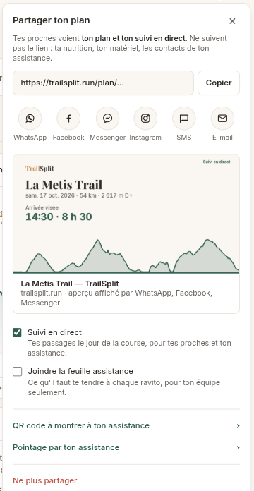 Le panneau Partager : lien à copier, canaux d'envoi, aperçu du lien, options de suivi et de feuille assistance, « Ne plus partager »