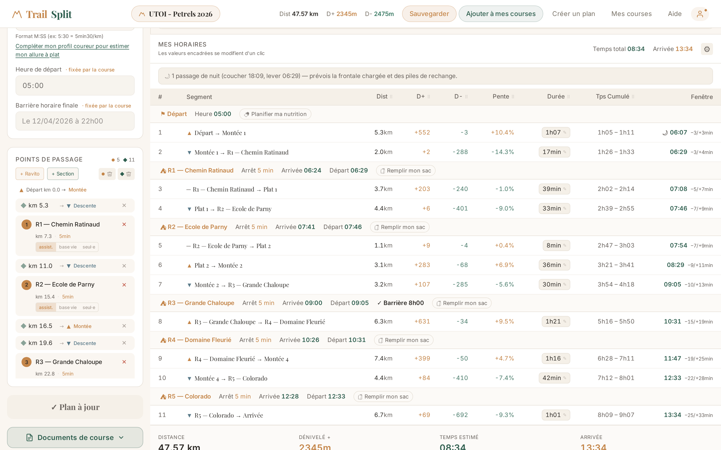 Tableau de marche détaillé avec horaires de passage par segment