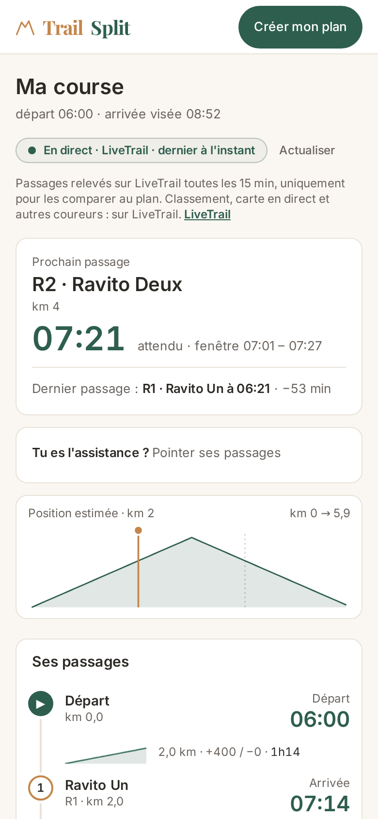 Page de suivi sur téléphone : prochain passage attendu, dernier passage relevé sur LiveTrail et mention de finalité